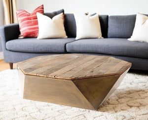 48" Natural Solid Wood Octagon Distressed Lift Top Abstract Coffee Table