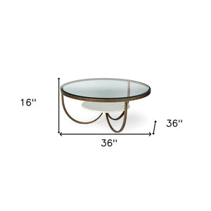 36" Brown and Gold Wood and Metal Round Coffee Table With Shelf