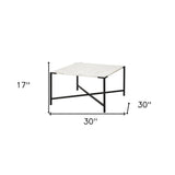 30" Black And White Genuine Marble and Metal Square Cross Legs Coffee Table