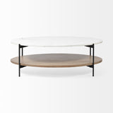 48" Brown and Black Genuine Marble and Metal Oval Coffee Table With Shelf