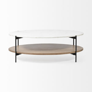 48" Brown and Black Genuine Marble and Metal Oval Coffee Table With Shelf
