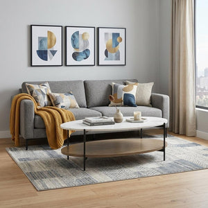 48" Brown and Black Genuine Marble and Metal Oval Coffee Table With Shelf