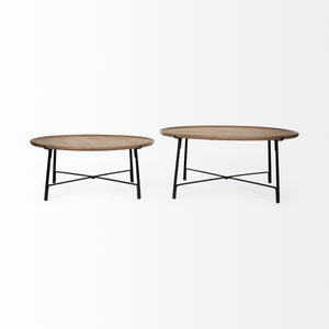 Set of Two Brown and Black Solid Wood and Iron Round Nested Coffee Tables
