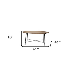 Set of Two Brown and Black Solid Wood and Iron Round Nested Coffee Tables