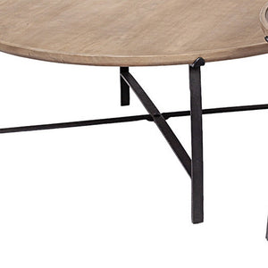 Set of Two Brown and Black Solid Wood and Iron Round Nested Coffee Tables