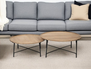 Set of Two Brown and Black Solid Wood and Iron Round Nested Coffee Tables