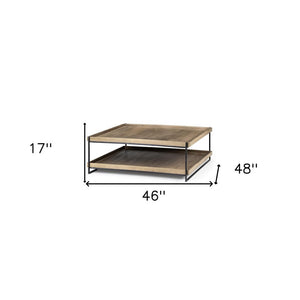 46" Natural and Black Solid Wood and Metal Coffee Table With Shelf