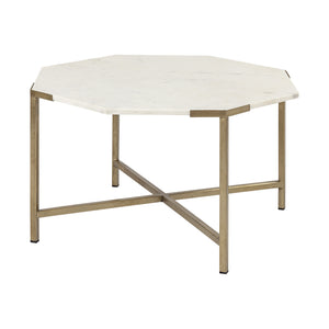 33" White and Gold Genuine Marble and Metal Octagon Coffee Table
