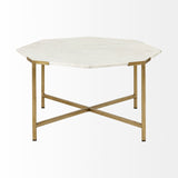 33" White and Gold Genuine Marble and Metal Octagon Coffee Table