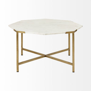 33" White and Gold Genuine Marble and Metal Octagon Coffee Table
