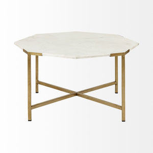 33" White and Gold Genuine Marble and Metal Octagon Coffee Table