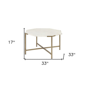 33" White and Gold Genuine Marble and Metal Octagon Coffee Table