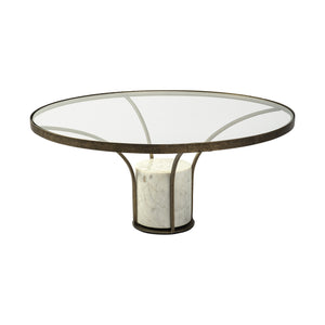 36" Antiqued Gold And White Glass Iron and Marble Round Pedestal Coffee Table
