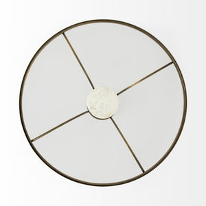 36" Antiqued Gold And White Glass Iron and Marble Round Pedestal Coffee Table