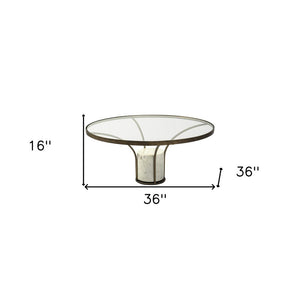 36" Antiqued Gold And White Glass Iron and Marble Round Pedestal Coffee Table