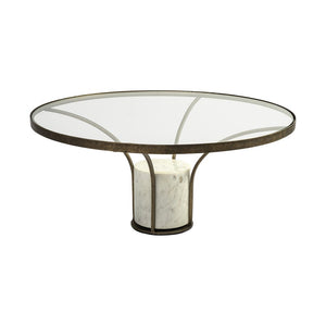 36" Antiqued Gold And White Glass Iron and Marble Round Pedestal Coffee Table