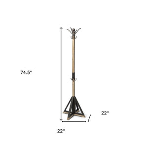 75" Black And Brown Solid Wood And Steel Twelve Hook Freestanding Coat Rack