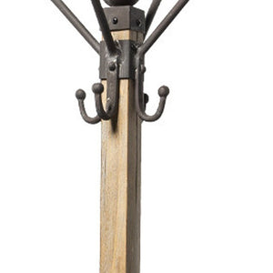 75" Black And Brown Solid Wood And Steel Twelve Hook Freestanding Coat Rack