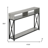 47" Gray and Black Frame Console Table With Shelves