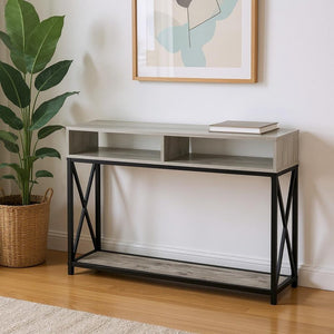 47" Gray and Black Frame Console Table With Shelves