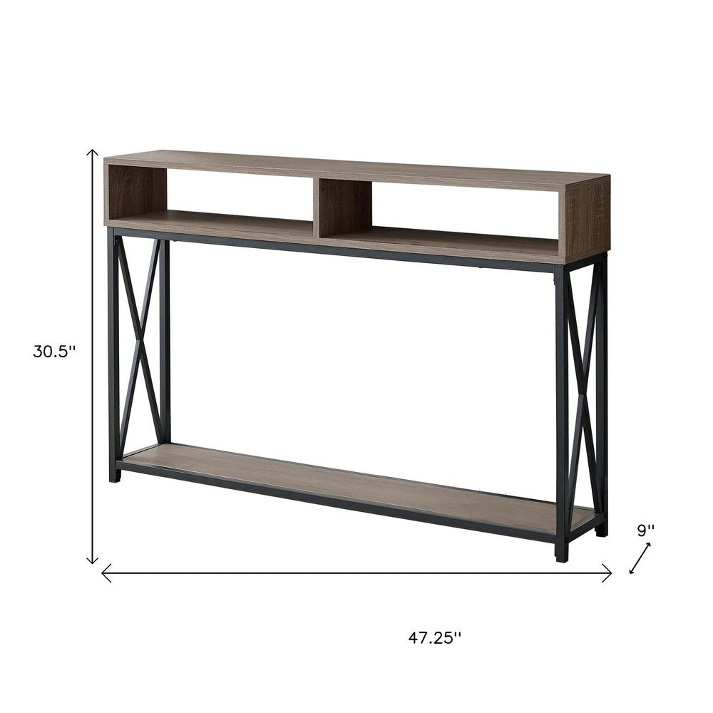 47" Taupe and Black Frame Console Table With Shelves