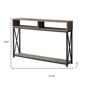 47" Taupe and Black Wood and Metal Frame Console Table With Three Shelves
