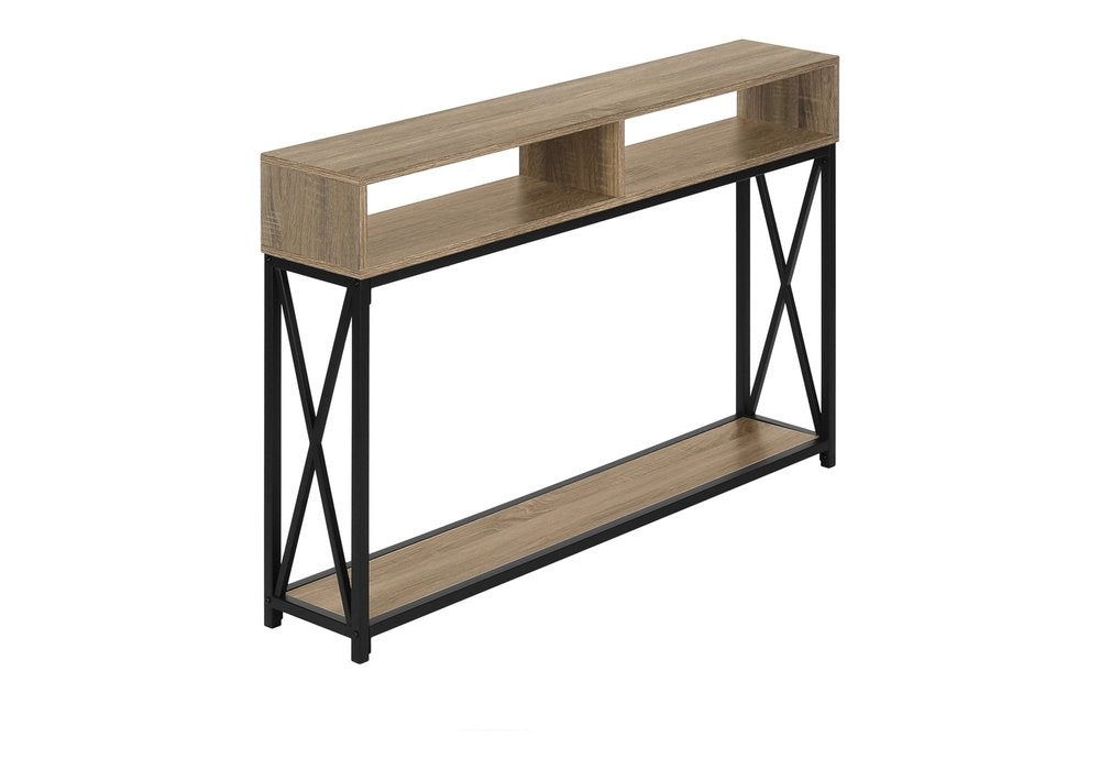 47" Taupe and Black Frame Console Table With Shelves