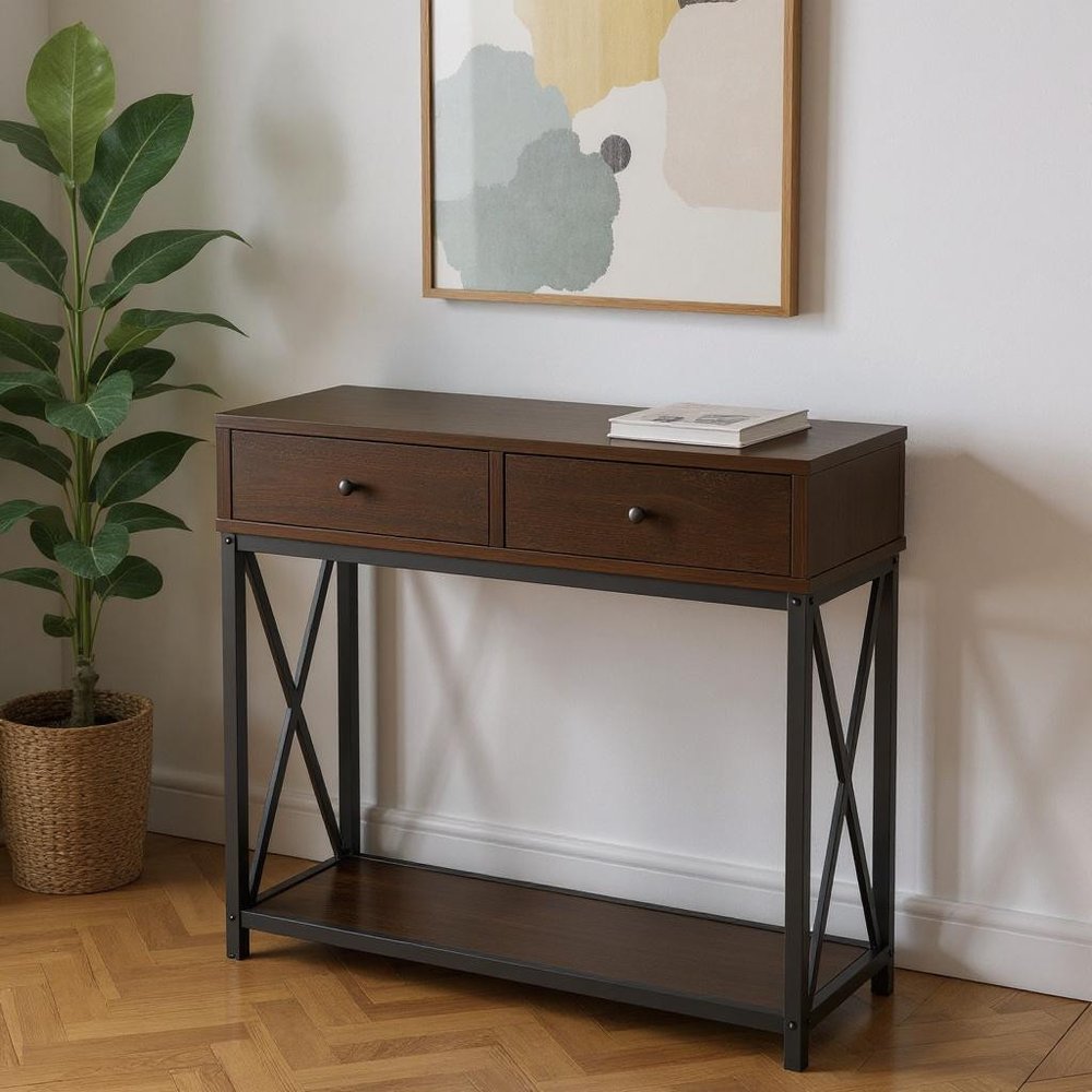 47" Brown and Black Frame Console Table With Shelves