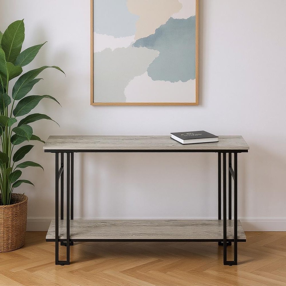 47" Gray and Black Frame Console Table With Shelves