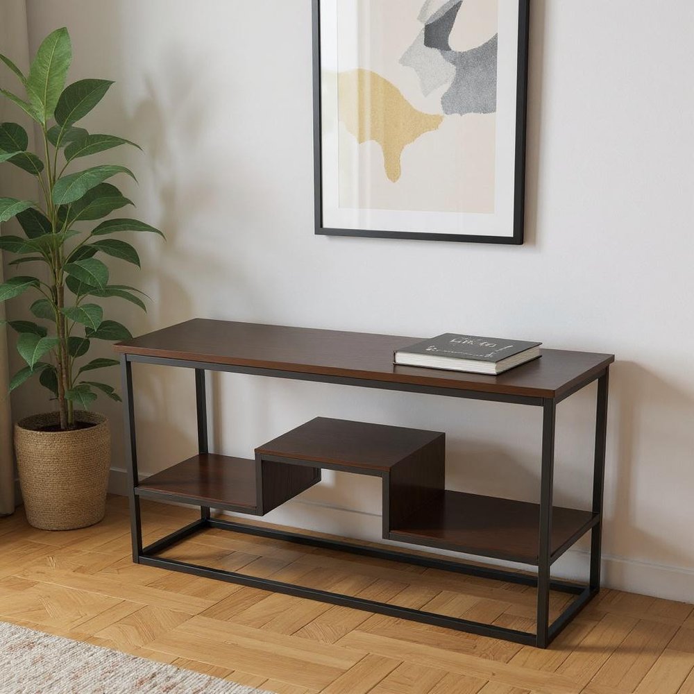 48" Brown and Black Frame Console Table With Shelves