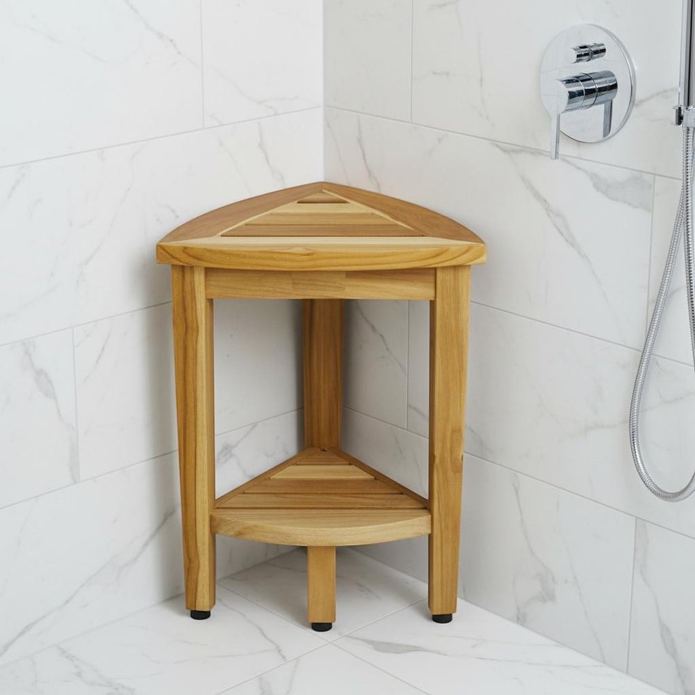 Compact Teak Corner Shower Or Outdoor Bench With Shelf In Natural Finish