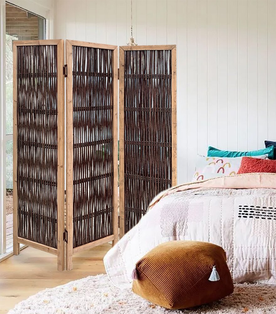 71" Brown Solid Wood Folding Three Panel Screen Room Divider