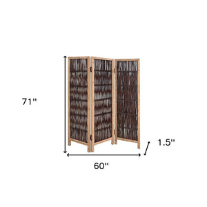 71" Brown Solid Wood Folding Three Panel Screen Room Divider