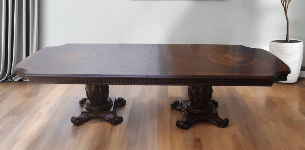 136" Brown Solid Wood And Solid Manufactured Wood Double Pedestal Base Dining Table
