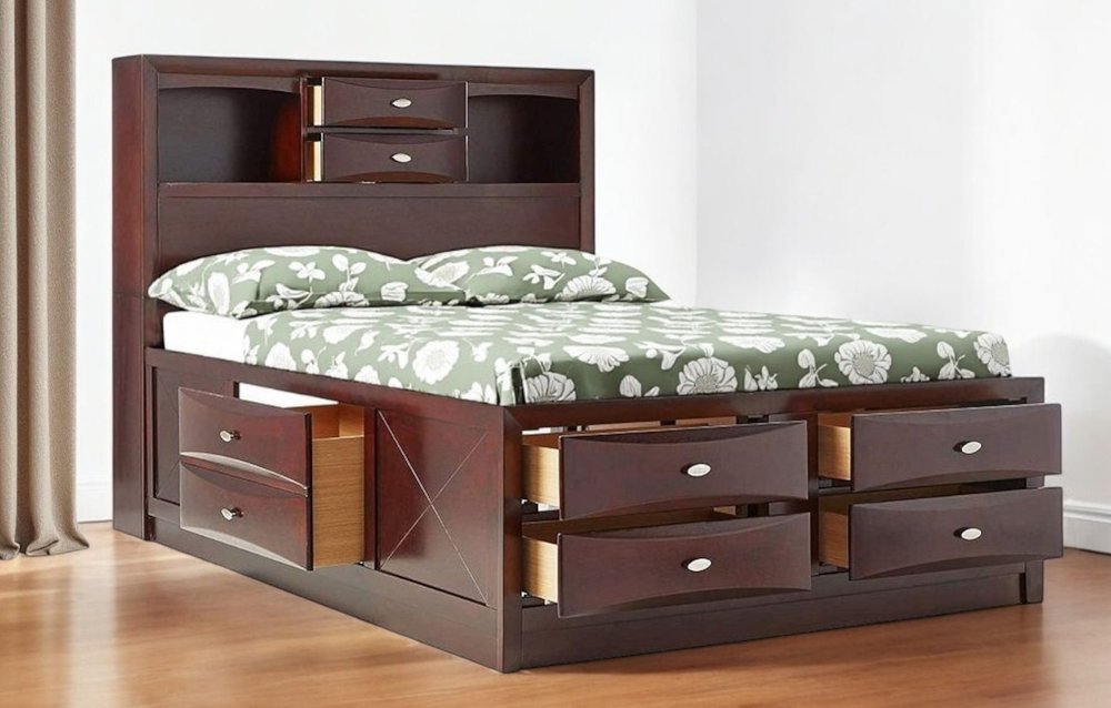 Espresso Wood King With Ten Drawers Bed Frame
