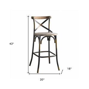 43" Oak And Black and Gold Solid Wood And Metal Bar Height Bar Chair
