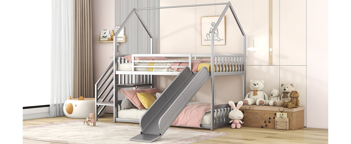 Twin Over Twin Metal Bunk Bed House Bed With Slide And Staircase by Couch.com