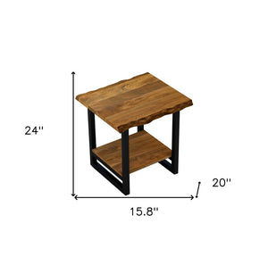 24" Brown And Black Solid Wood And Iron Square Frame End Table With Shelf