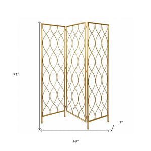 71" Gold Iron Folding Three Panel Screen Room Divider