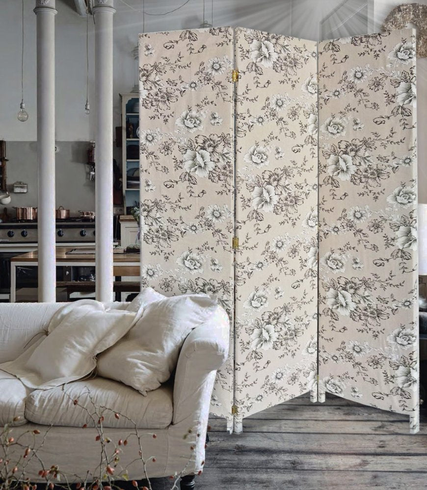 71" Beige and Black Fabric Folding Three Panel Screen Room Divider