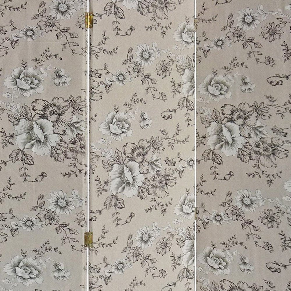 71" Beige and Black Fabric Folding Three Panel Screen Room Divider