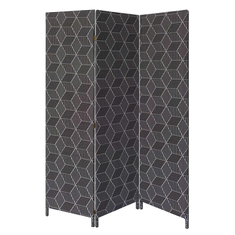 71" Black and White Fabric Folding Three Panel Screen Room Divider