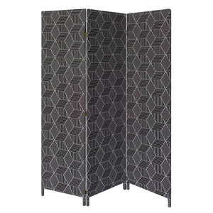 71" Black and White Fabric Folding Three Panel Screen Room Divider
