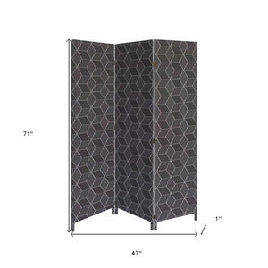 71" Black and White Fabric Folding Three Panel Screen Room Divider