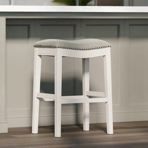 31" Light Gray And White Upholstered And Solid Wood Backless Bar Height Bar Chair