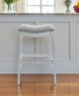 31" Light Gray And White Upholstered And Solid Wood Backless Bar Height Bar Chair