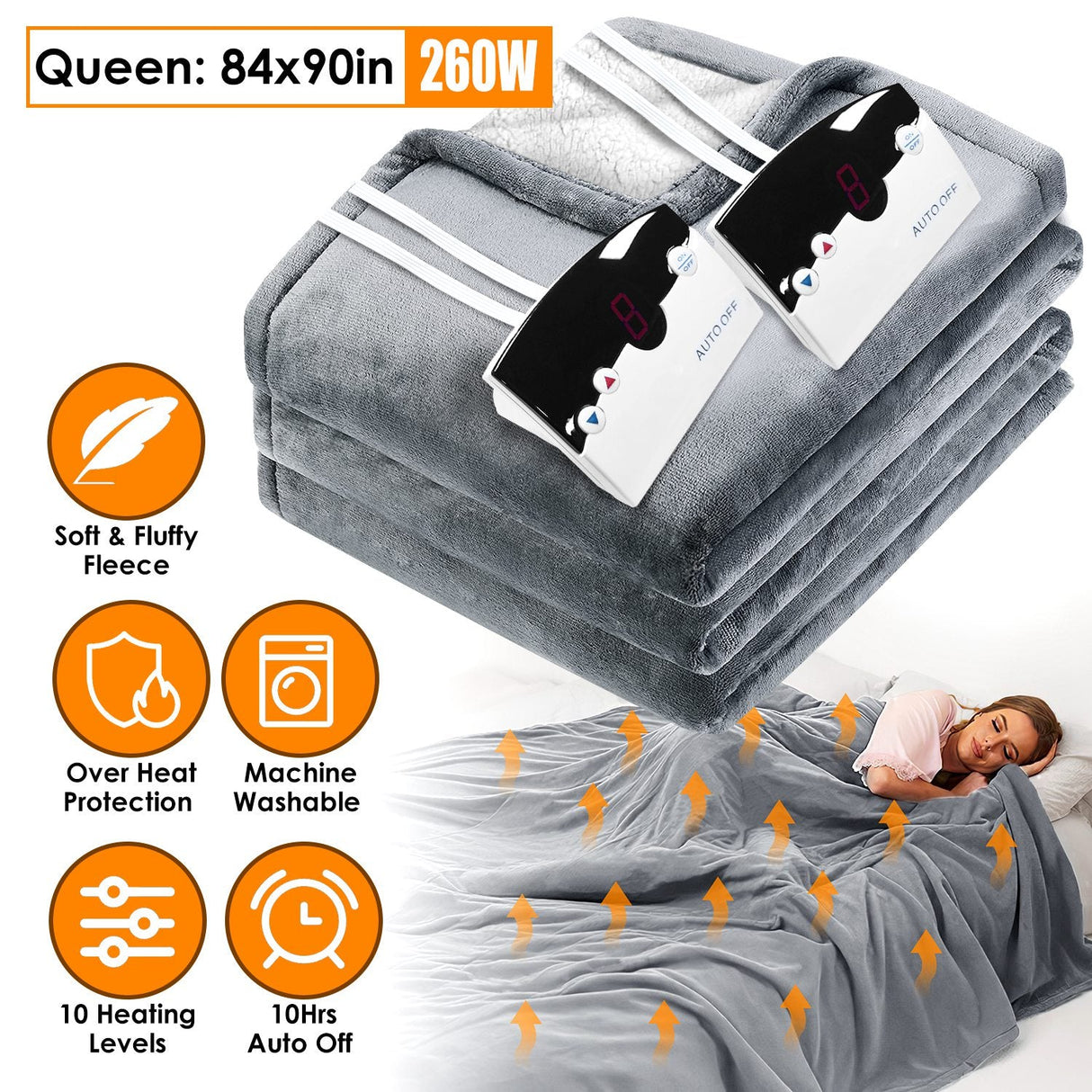 Electric Heated Queen Size Fleece Heated Blanket with Dual Controller 10 Heating Levels 10 Hours Auto Off Machine Washable for Home Office Usage 84x90 by DirectDeals
