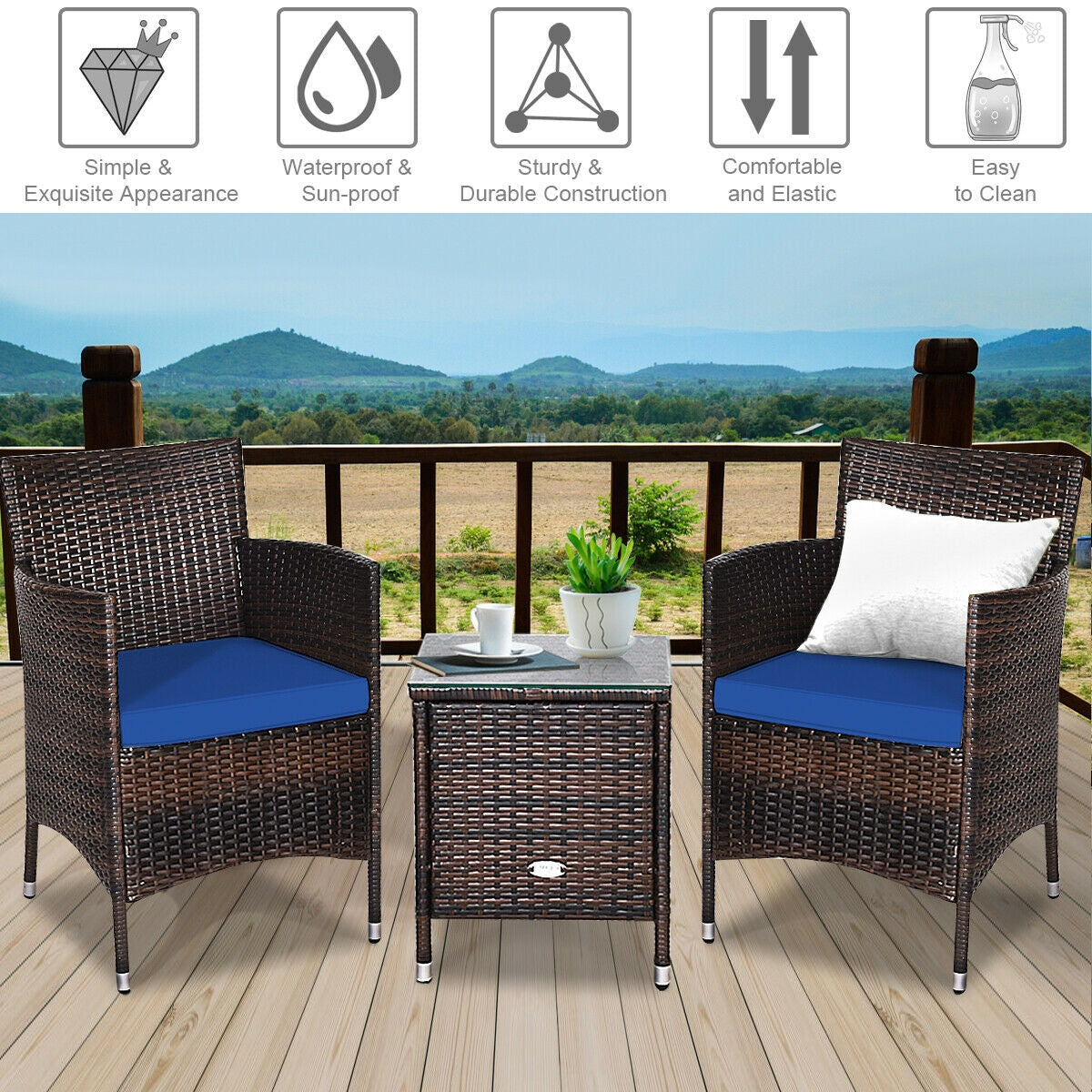 3 Pcs Outdoor Rattan Wicker Furniture Set-Blue