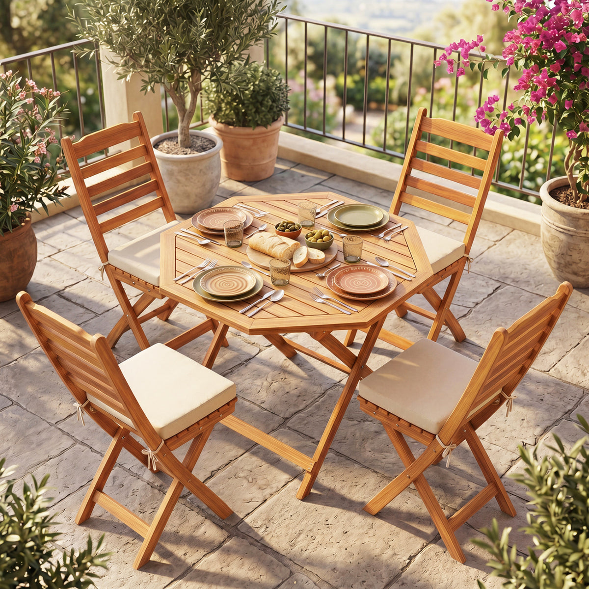 Acacia Wood Outdoor Folding Dining Table for 4 Octagonal with Slatted Tabletop