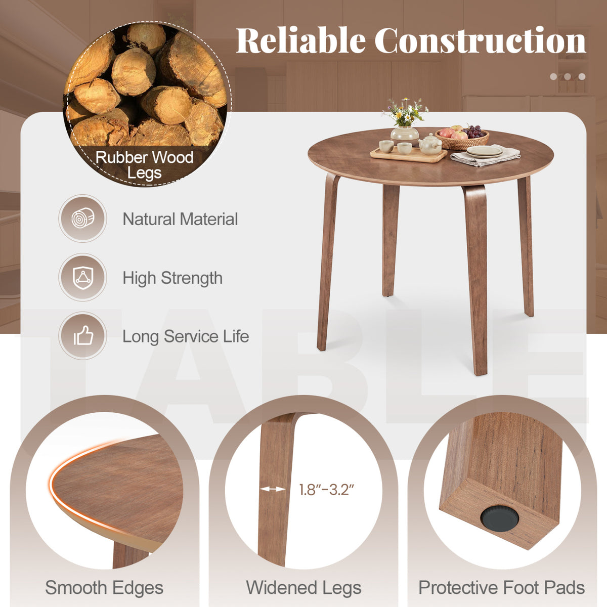 37.5" Round Dining Table with Rubber Wood Legs for Small Space-Walnut